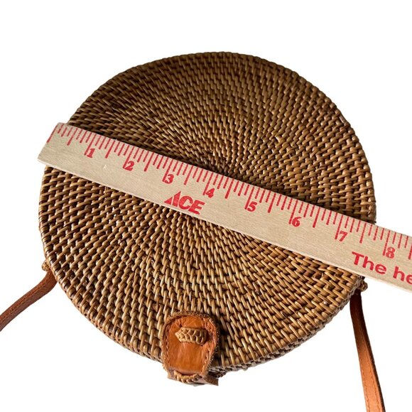 Straw Studios Hand Woven Circular Round Shoulder Crossbody Bag Women's Brown - Picture 8 of 9